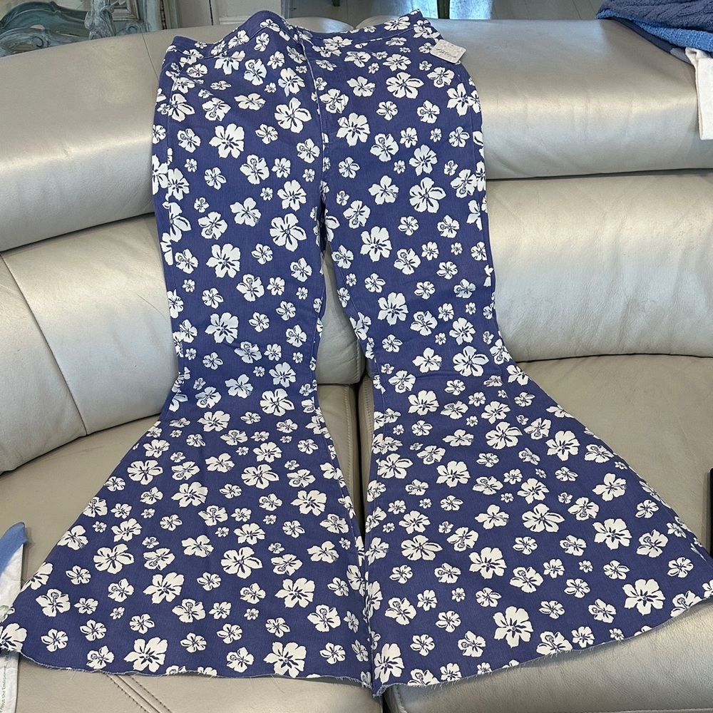 Free People Blue and White Floral Wide Leg Pants